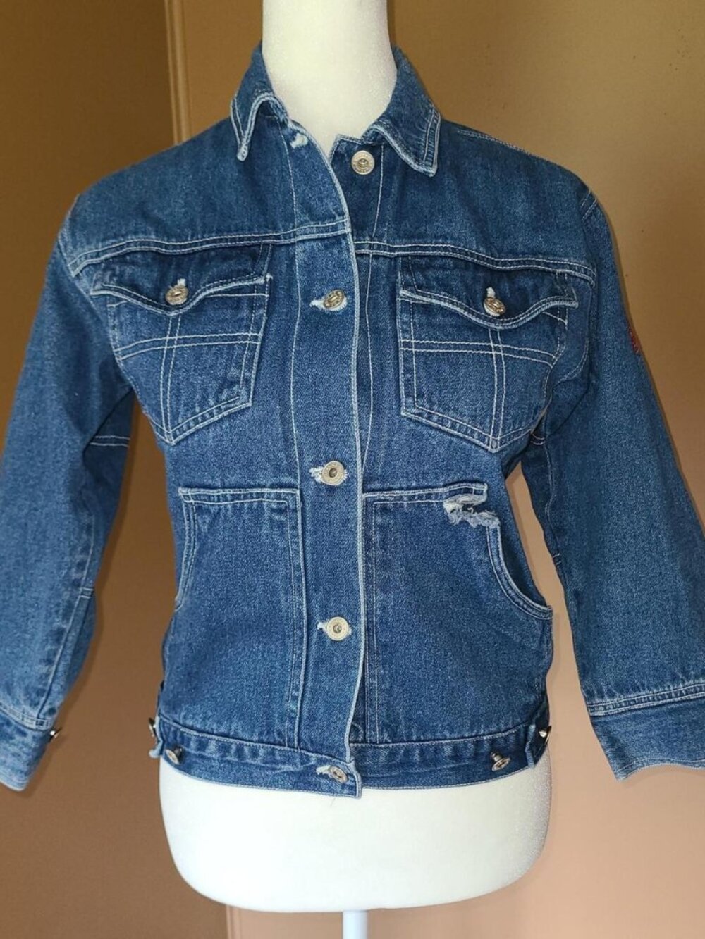 Vintage Urban XS Denim Trucker Jacket Womens Red Chenille Patch